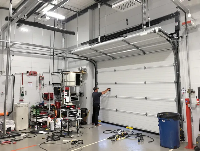 Copley Garage Door Repair certified technician performing commercial door repair at a Copley business facility