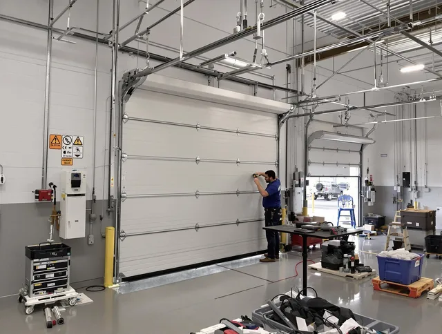 Commercial garage door repair being performed by Copley Garage Door Repair expert in Copley