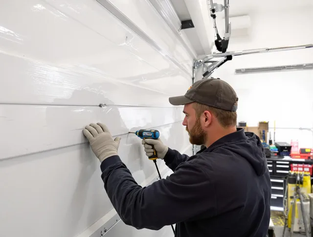 Copley Garage Door Repair technician demonstrating precision dent removal techniques on a Copley garage door