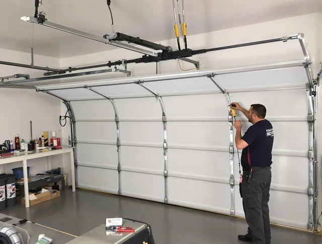 Copley Garage Door Repair certified technician performing overhead door system repair in Copley