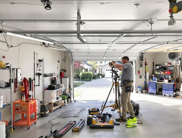 Copley Garage Door Repair specialist performing laser-guided track alignment in Copley